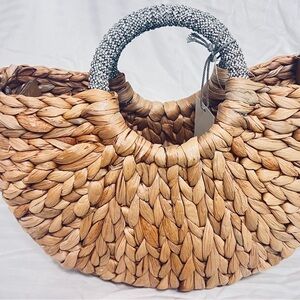Handwoven Straw Tote Bag with Embellished Handle - Natural